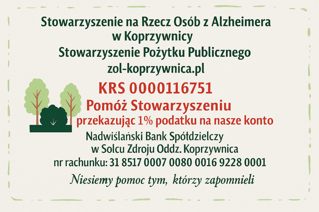 Zdjęcie opisujące wydarzenie 1 procent podatku na rzecz Stowarzyszenia Osób z Chorobą Alzheimera w Koprzywnicy