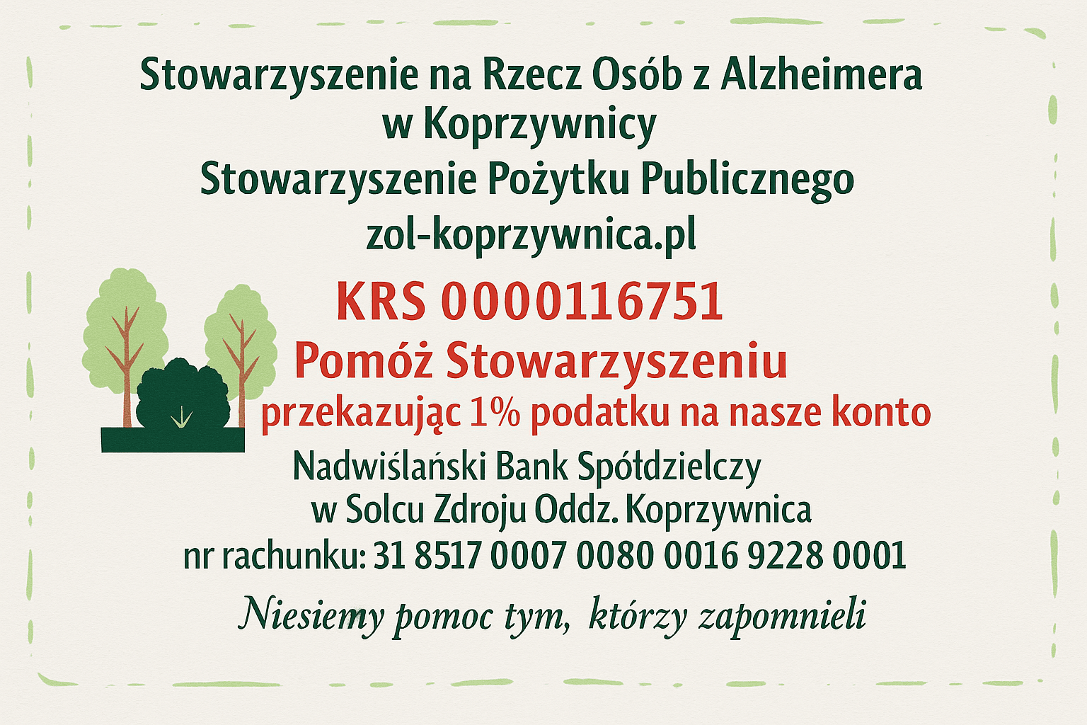 Główne zdjęcie z wydarzenia 1 procent podatku na rzecz Stowarzyszenia Osób z Chorobą Alzheimera w Koprzywnicy